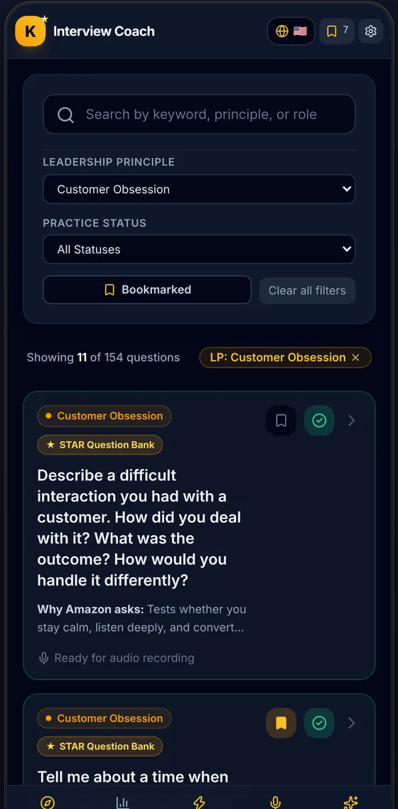 Question bank filtered to Customer Obsession
