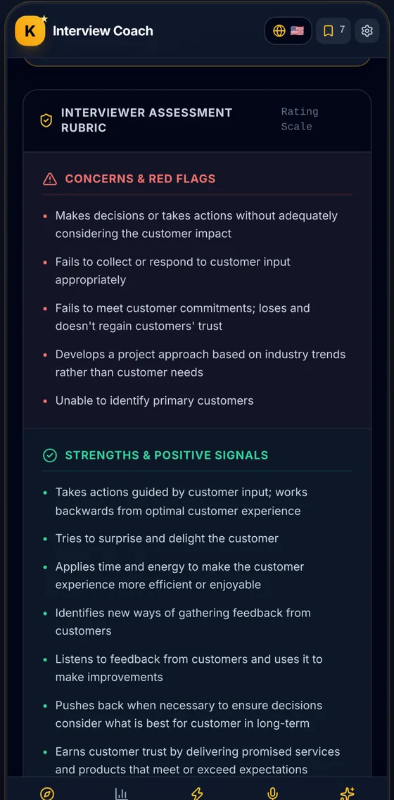 Interviewer rubric with red flags and strong signals
